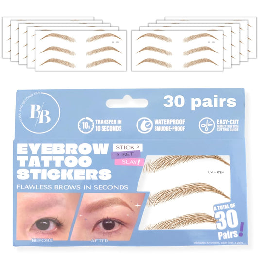 Bliss and Beyond USA Eyebrow Tattoo Stickers Waterproof – 30-Pair Deluxe Box | Realistic Hair-Like Temporary Brows for Alopecia, Cancer, and Hair Loss (Light Brown, Natural Las Vegas)
