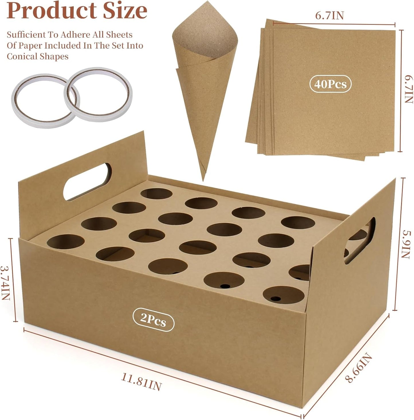 2 Set Wedding Confetti Cone Stand Box, 2 Party Cardboard Cone Holders Trays of 20 Holes Each with 40 Kraft Cone Paper for Wedding, Party, Celebration, Decoration