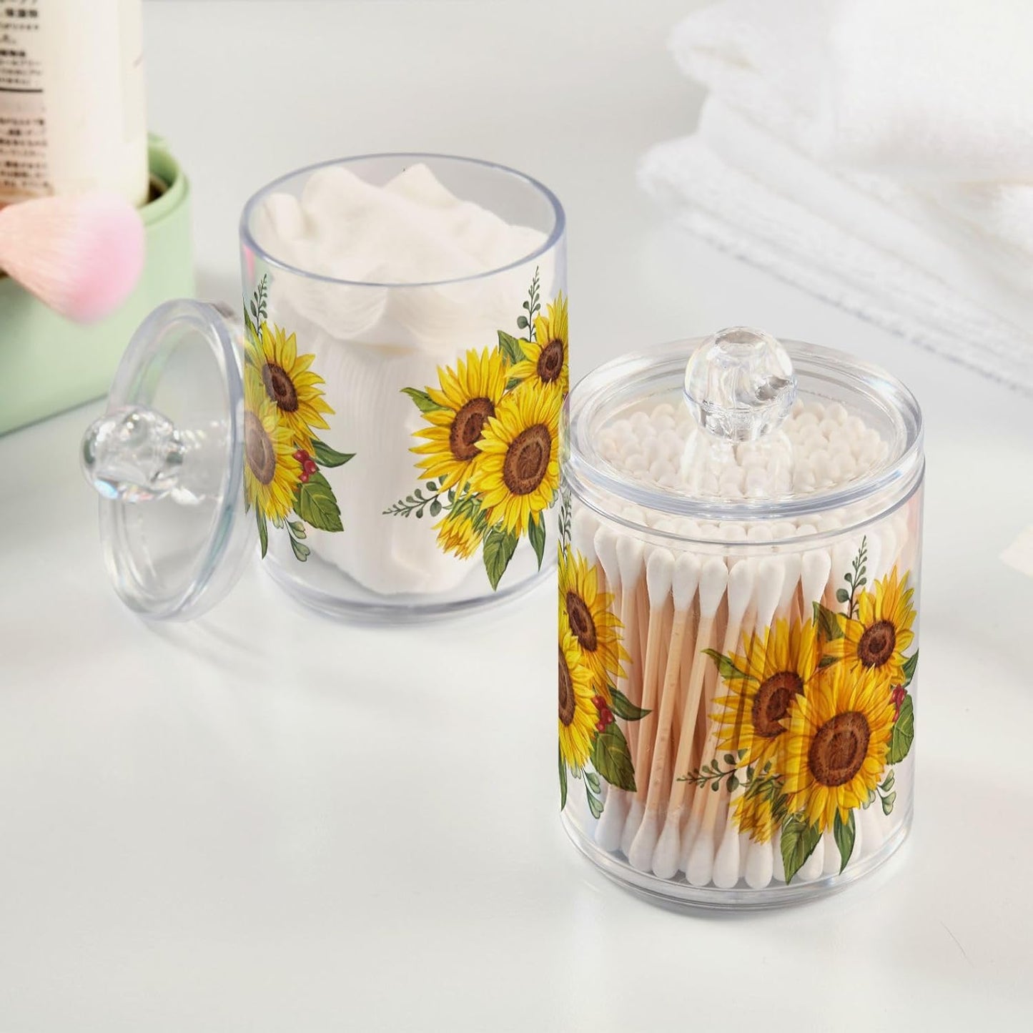 Gredecor Qtip Holder Dispenser 4 Pack Yellow Watercolor Sunflowers Apothecary Jars with Lids Bathroom Vanity Countertop Canister Storage Organizer for Cotton Ball,Swabs,Pads,Floss