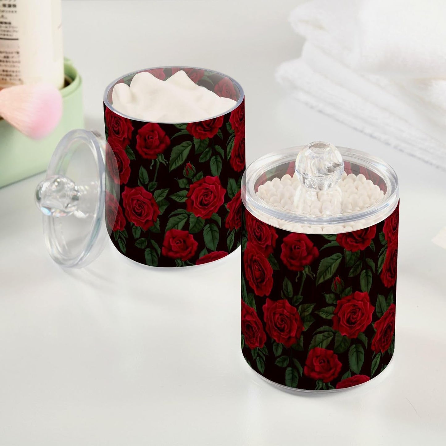 Gredecor Qtip Holder Dispenser 2 Pack Red Rose Flowers Leaves Bathroom Decorative Storage Canister Holder Counter Vanity Organizer for Cotton Ball Swabs Pads Floss