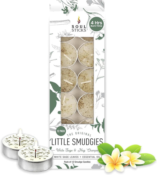 SOUL STICKS 12 Pack Little Smudgies Tealight Candles Smudge Candle for Cleansing House, Meditation, Chakra Healing | Made with Crystals and Herbs (White Sage & Nag Champa)