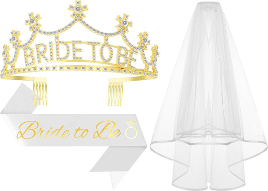 3Pcs Bride to Be Crown with Sash and Veil for Bachelorette Party Decorations，Bridal Shower Accessories for Gift, Favors