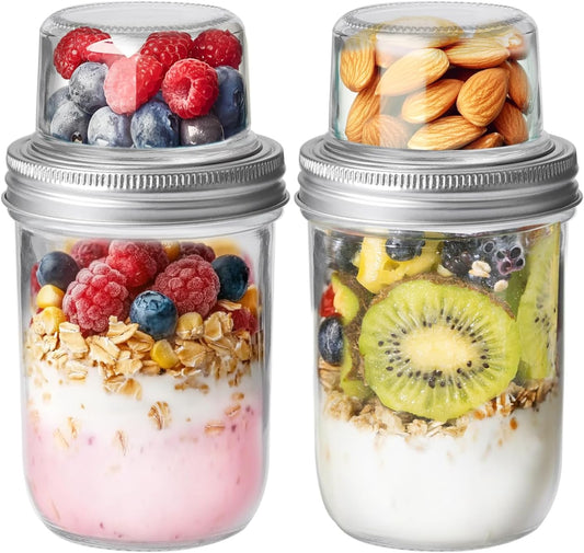 ComSaf 2-Pack 20 oz Overnight Oats Containers with Lids On-The-Go Dual-Laryer Yogurt Parfait Cups with Dry and Wet Separation Mason Jars for Chia Pudding Cereal Nut Fruit Meal Prep Salad