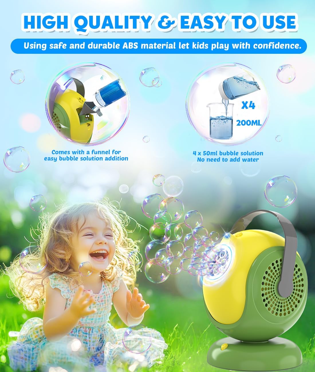 Bubble Machine, Automatic Bubbles Blower, 360° Rotation, 75° Adjustment, LED Light, with Handle - Bubble Toys for Kids, Toddlers - Gifts for Boys, Halloween, Outdoor, Birthday, Party Use