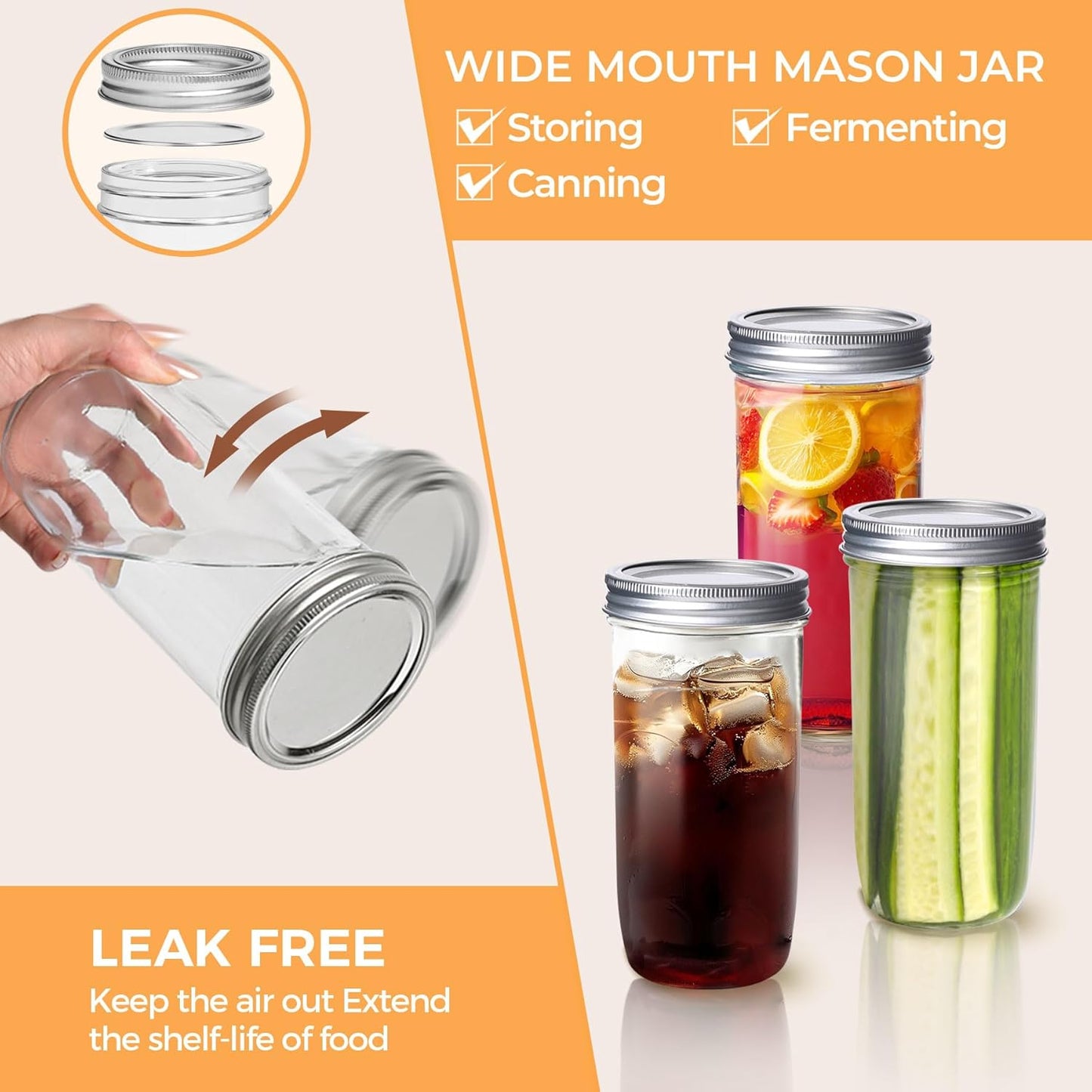 ComSaf 24 oz Mason Jars Wide Mouth 6 Pcs, Large Canning Jars with Seal Bands, 24 oz Glass jar with Lid for Jam, Sauce, Juice, Coffee, Pickling, Fruit, Dessert, Kitchen Storage, Vanilla Extract