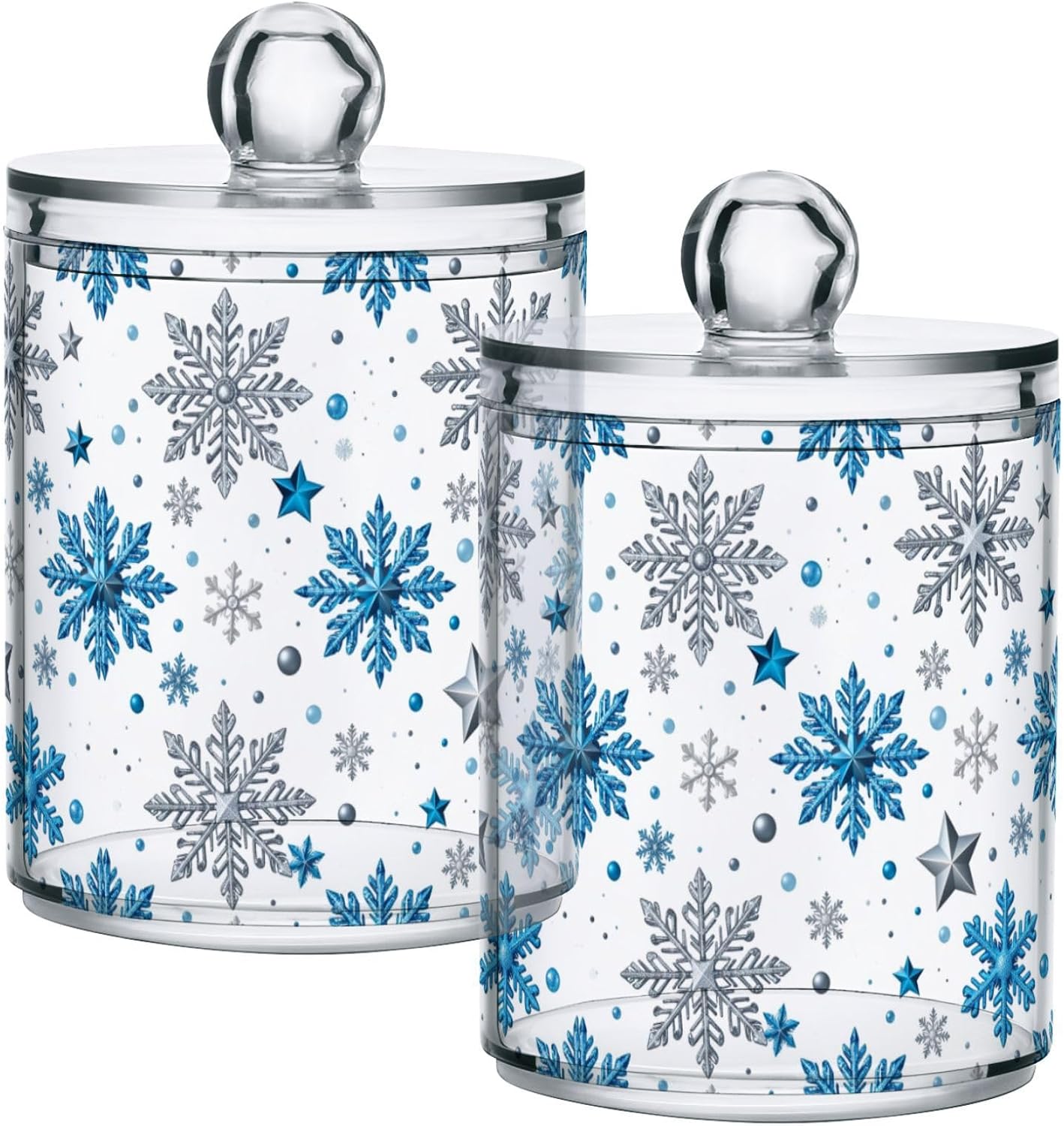 Gredecor Christmas Winter Qtip Holder Dispenser 2 Pack Silver Blue Glitter Snowflakes Bathroom Decorative Storage Canister Holder Counter Vanity Organizer for Cotton Ball Swabs Pads Floss