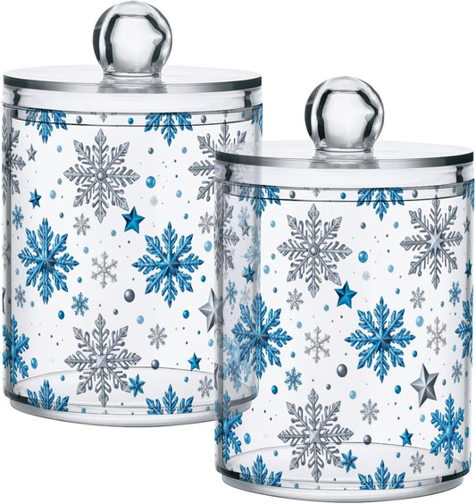 Gredecor Christmas Winter Qtip Holder Dispenser 2 Pack Silver Blue Glitter Snowflakes Bathroom Decorative Storage Canister Holder Counter Vanity Organizer for Cotton Ball Swabs Pads Floss
