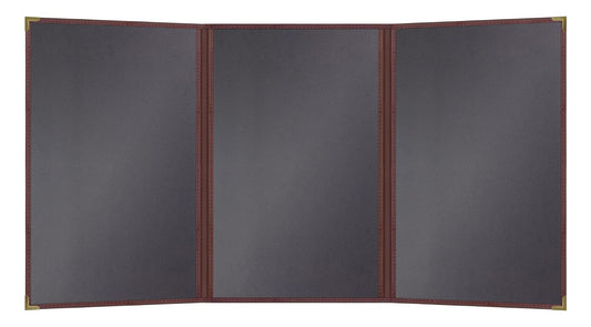 Goodsmart Pajco Style Restaurant Menu Covers – Pack of 10, Side-Load Fold-Out Menu Holders, Single Stitched Edge Clear Vinyl Menu Sleeves, Leatherette Trim Gold Corners, Burgundy, 3 View (8.5" x 14")