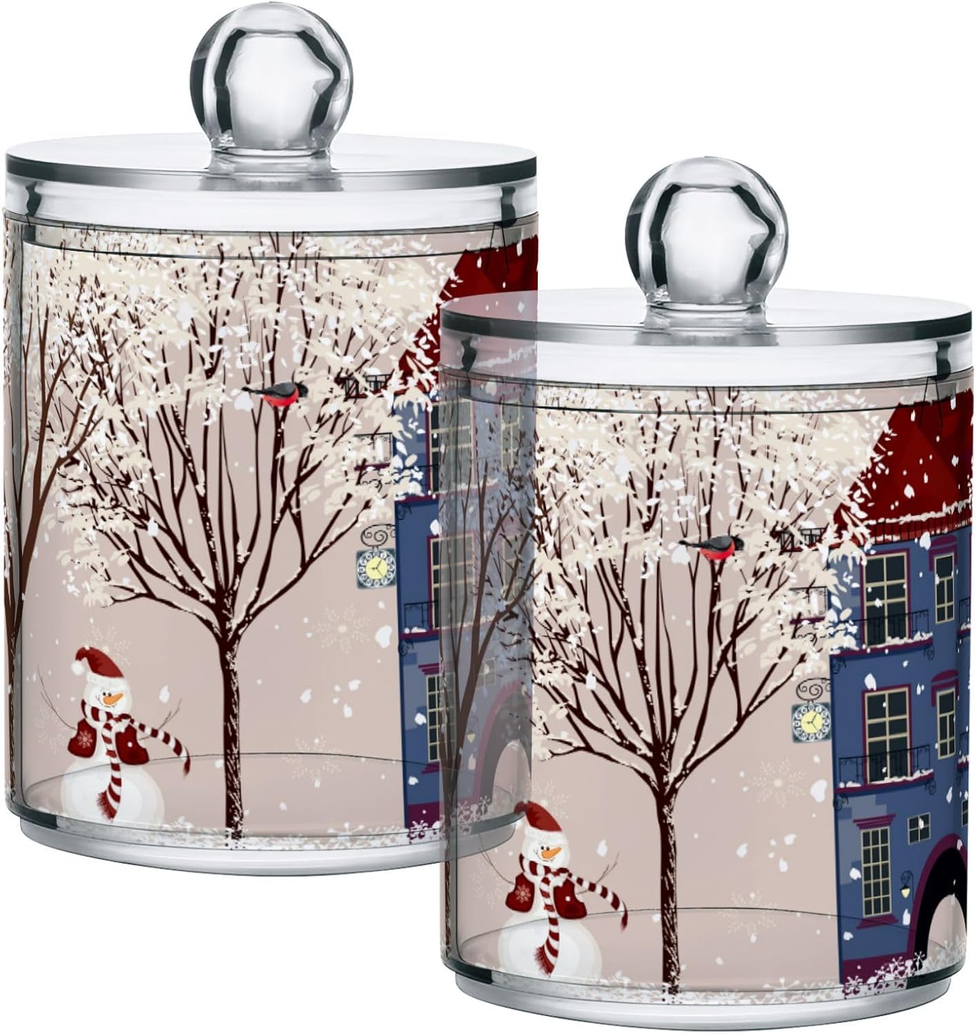 Gredecor Christmas Winter Qtip Holder Dispenser 2 Pack Snowmen Snow Courtyard with Trees Bathroom Decorative Storage Canister Holder Counter Vanity Organizer for Cotton Ball Swabs Pads Floss