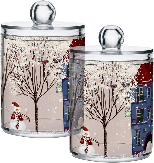 Gredecor Christmas Winter Qtip Holder Dispenser 2 Pack Snowmen Snow Courtyard with Trees Bathroom Decorative Storage Canister Holder Counter Vanity Organizer for Cotton Ball Swabs Pads Floss