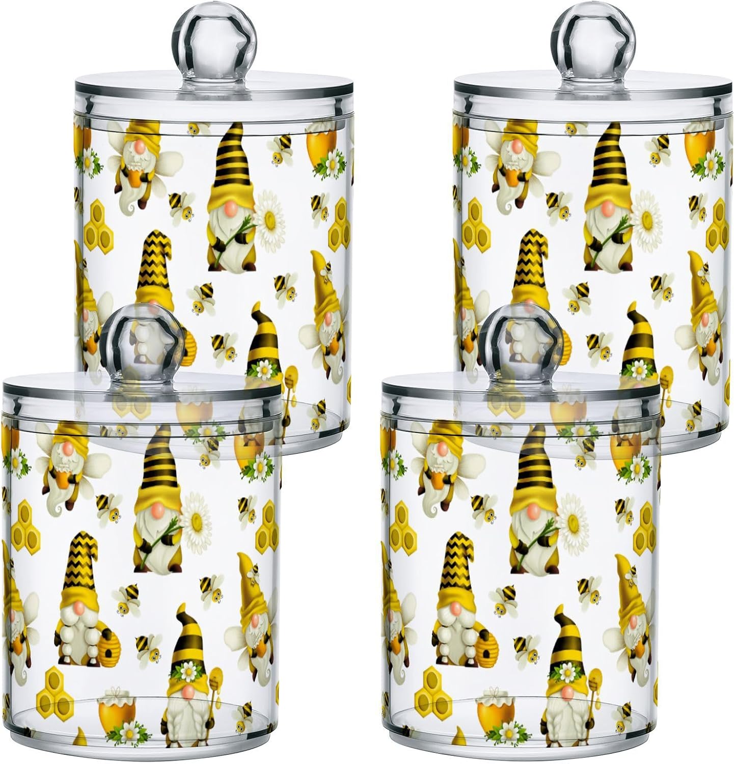 Qtip Holder Dispenser 2 Pack Gnome Bees Flying Dwarf Daisy Apothecary Jars with Lids Bathroom Vanity Countertop Canister Storage Organizer for Cotton Ball,Swabs,Pads,Floss
