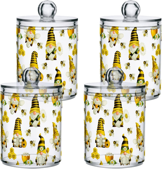 Qtip Holder Dispenser 4 Pack Gnome Bees Flying Dwarf Daisy Apothecary Jars with Lids Bathroom Vanity Countertop Canister Storage Organizer for Cotton Ball,Swabs,Pads,Floss