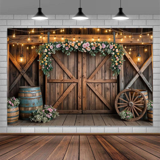 6x4ft Country Wedding Photography Backdrop Rustic Barn Door Photography Backdrop Farmhouse Pink Flower Cabin Wooden Birthday Baby Shower Wedding Bridal Party Banner Photo Booth Props Background