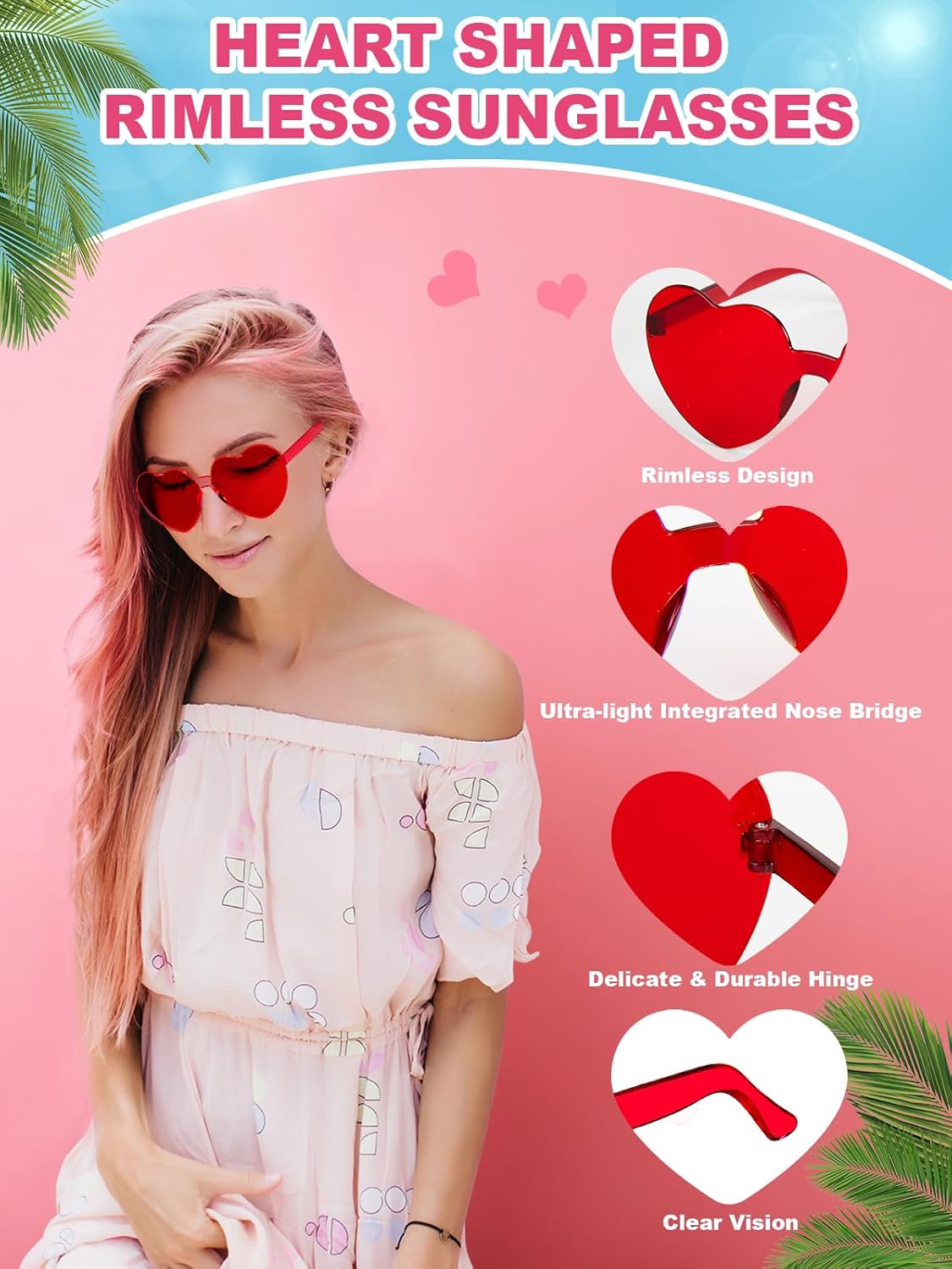 12 Pairs Heart Shaped Sunglasses for Women Colorful Glasses Fun Trendy Transparent Heart Sunglasses Party Favor (Red)