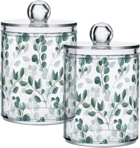 Qtip Holder Dispenser 2 Pack Green Watercolor Floral Leaves Apothecary Jars with Lids Bathroom Vanity Countertop Canister Storage Organizer for Cotton Ball,Swabs,Pads,Floss