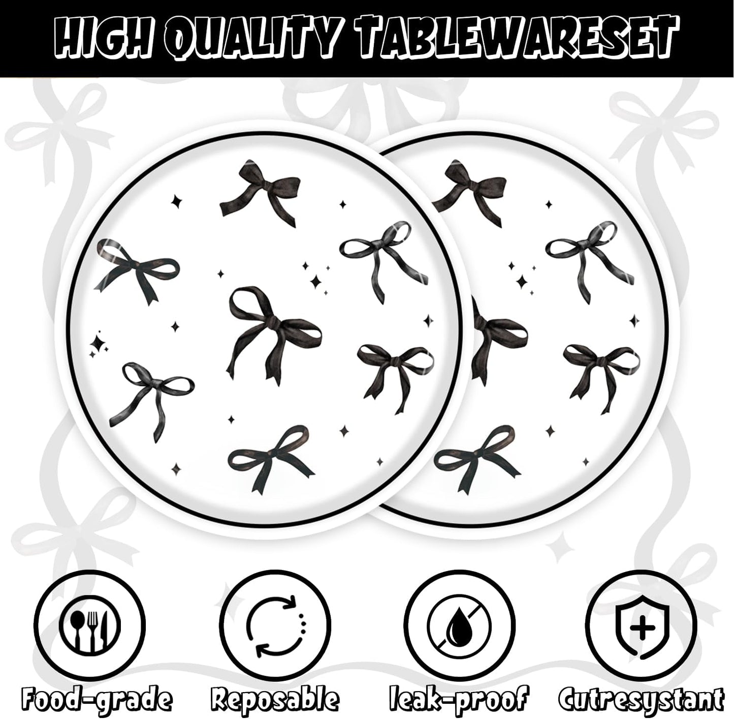 40pcs Black Bow Birthday Decorations Sophisticated Coquette Birthday Supplies,Black Bow Plates and Napkins,Suitable for 20 Guests