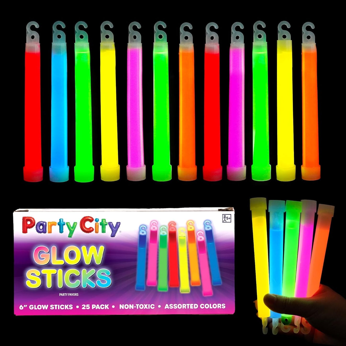Party City Multicolor Glow Sticks Bulk Pack 6”- 25pk Glow in the Dark Sticks for Kids, Waterproof Camping Survival Ultra Bright Emergency Light Stick with String, Neon Glowsticks Party Supplies Favors