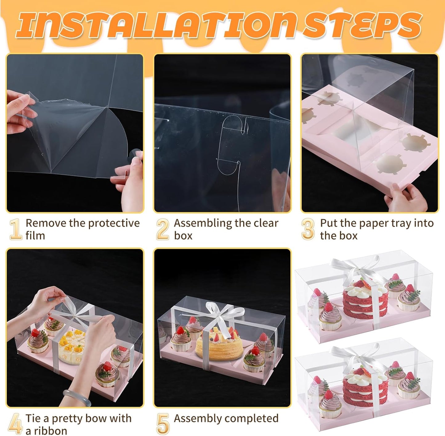 JCD 3Pcs Pink 1+4 Bento Box with Clear Window Bento Cake Boxes Combo Fit 4 Cupcake and 1 Mini Cake for Valentine Wedding Birthday Party Bakery Supplies(Pink 1+4/3Pcs)