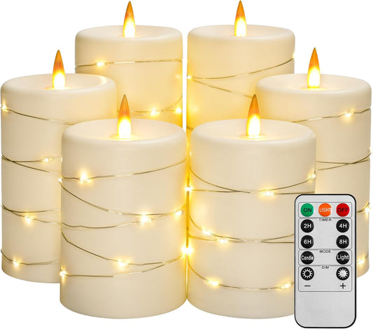 Upinmz 6 Pack Flickering Flameless Candles with String Lights,Unbreakable Acrylic Battery Operated Candle with Remote Control and Timer - Ivory White