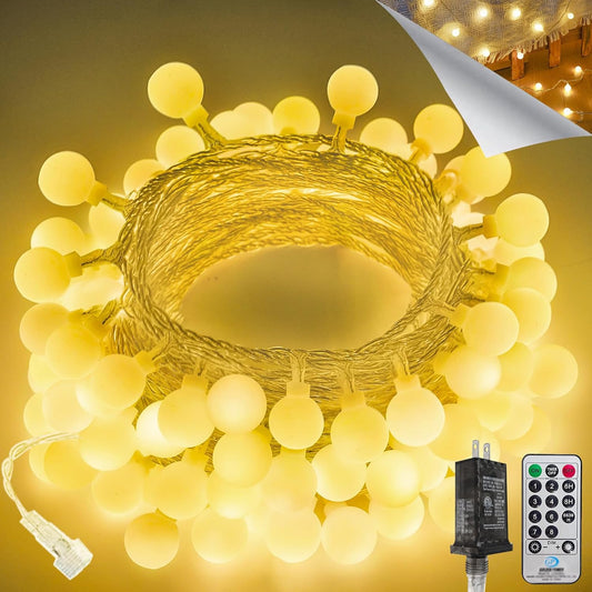 LORRYTE Connectable 43FT 100LED Globe String Lights | 8 Modes Warm White Christmas String Lights Plug in with Remote | Hanging Fairy Light for Indoor Outdoor Bedroom Party Christmas Tree Decor