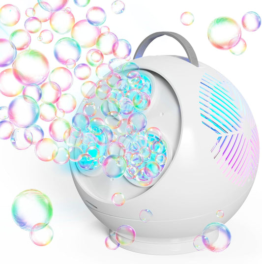 Bubble Machine Automatic Bubble Blower for Kids Toddlers Rechargeable Portable Spherical LED Bubble Maker Electric Auto Rotating 45°/360° Outdoor Toy Birthday Party Wedding (Spherical White)