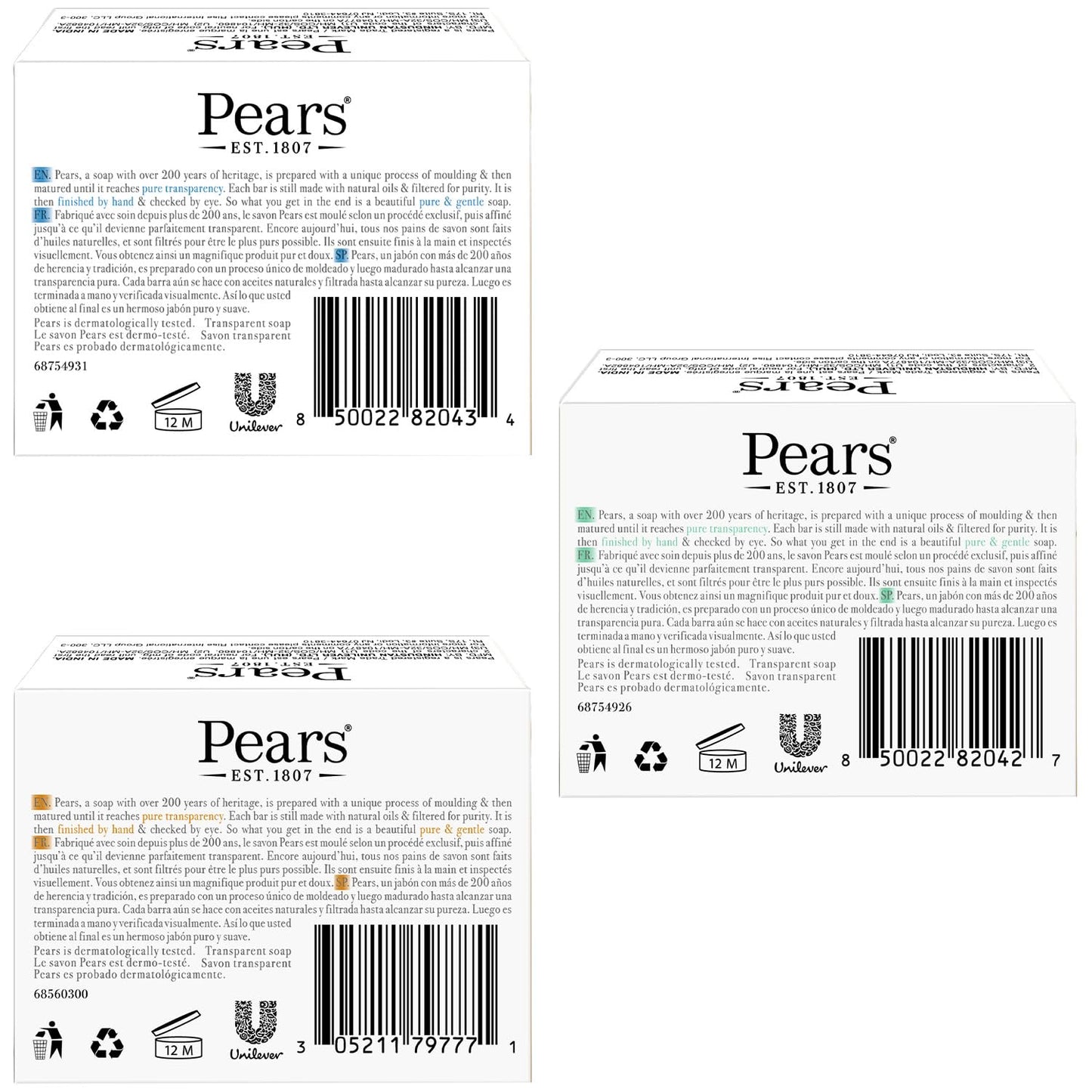 Pears Glycerin Soap Variety 3-Pack – Transparent Amber, Blue & Green Bars for Soft, Glowing Skin, 3.53 Oz Ea