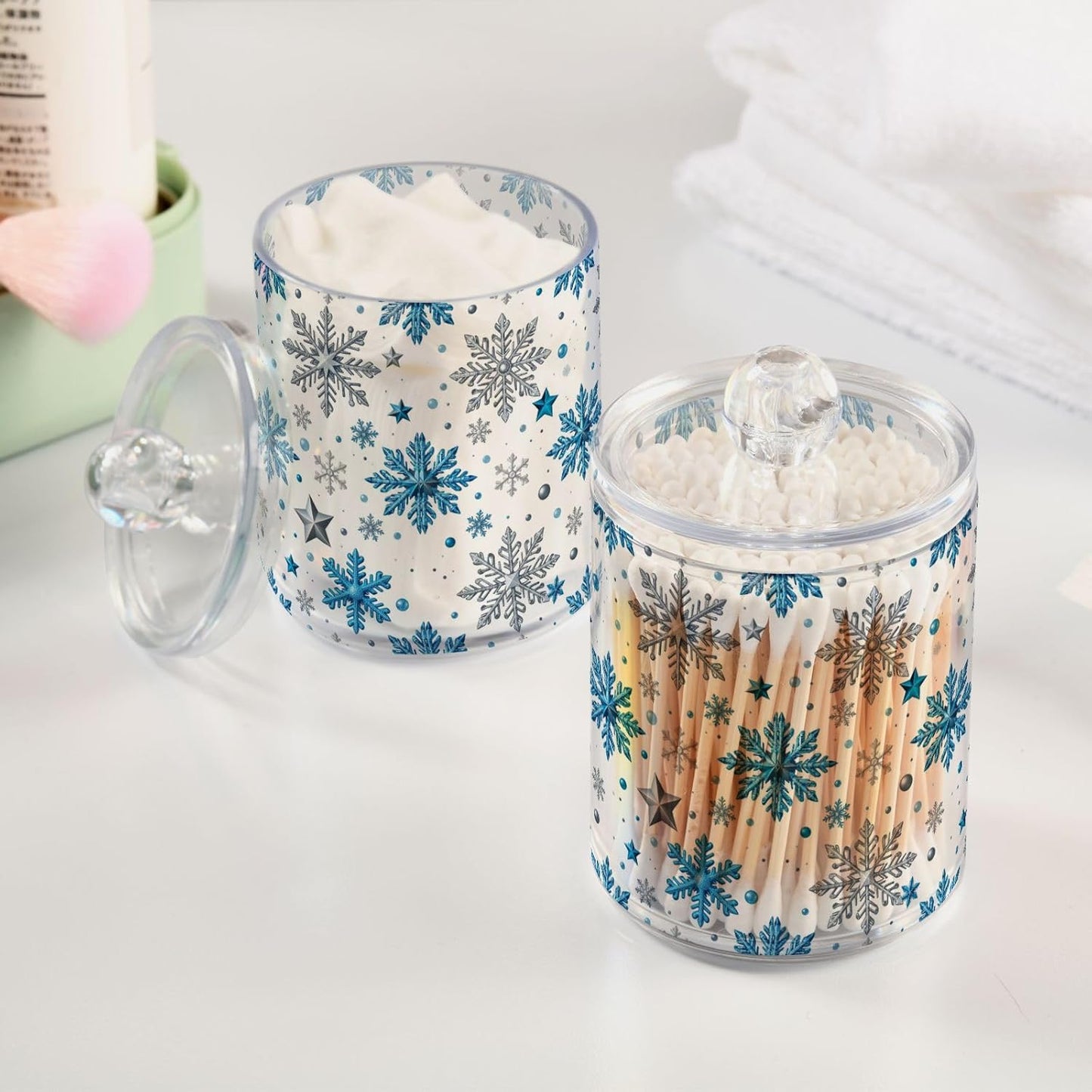 Gredecor Christmas Winter Qtip Holder Dispenser 2 Pack Silver Blue Glitter Snowflakes Bathroom Decorative Storage Canister Holder Counter Vanity Organizer for Cotton Ball Swabs Pads Floss