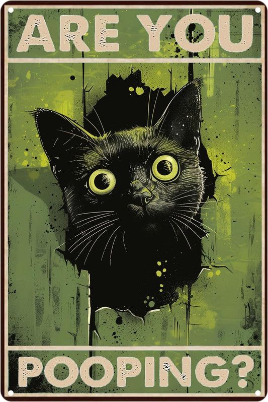 Funny Black Cat "Are You Pooping?" Tin Sign - Humorous Bathroom Wall Décor, 8x12 Inches, Vintage Metal Sign for Indoor & Outdoor Use, Cat Wall Art