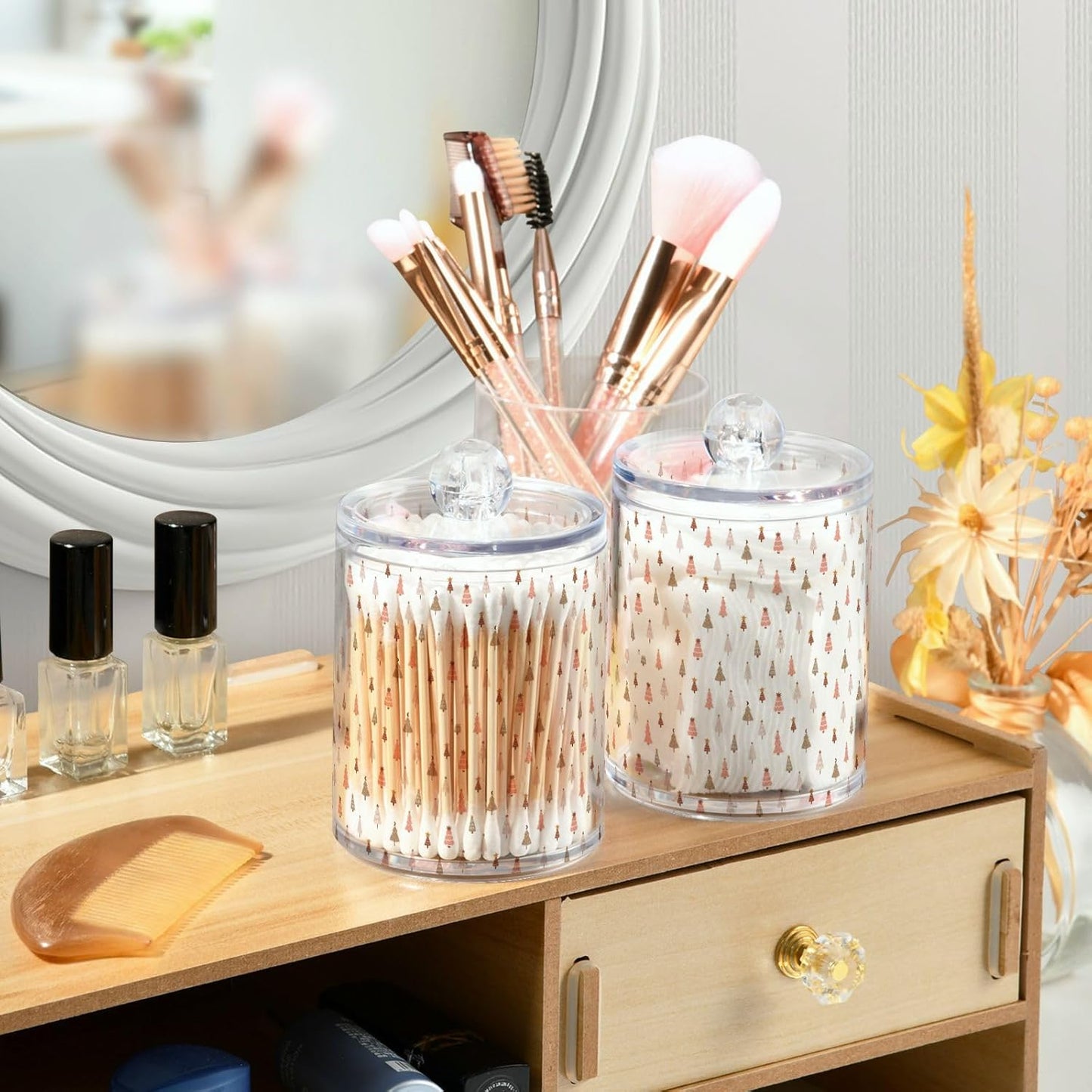 Gredecor 2 Pack Qtip Holder Clear Pastel Christmas Tree Pink Forest Apothecary Jars with Lids Acrylic Christmas Winter Bathroom Jars Vanity Canister Storage Organizer for Cotton Ball,Swabs,Pads,Floss