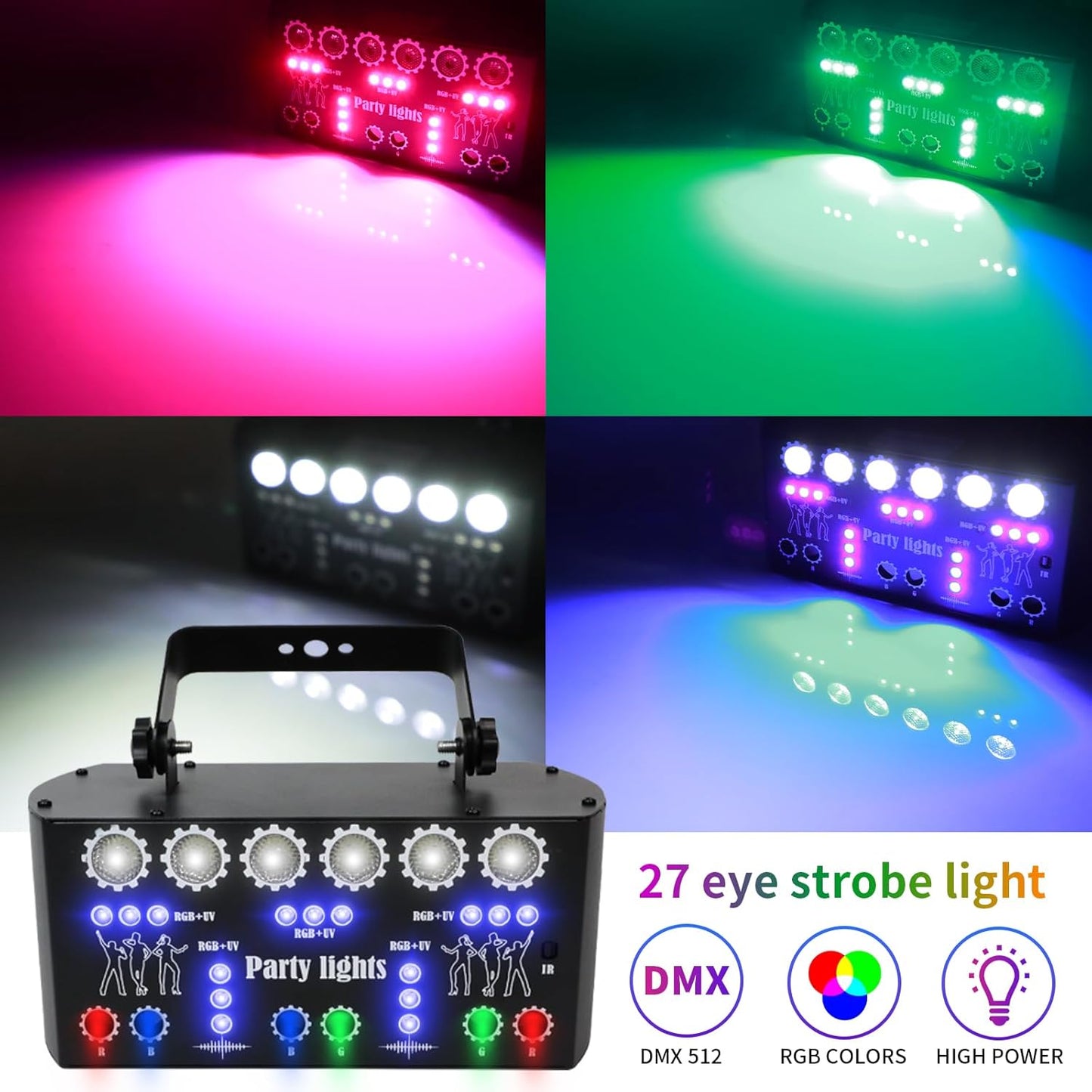 Wuzstar 27-Eye Party DJ Light with Remote, LED Strobe Effects, DMX Control & Sound Activity - Disco Stage Lighting for Clubs, Weddings, DJ Shows, Xmas, Halloween