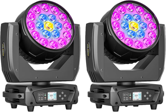 19x10W Moving Head Light Focusing/Beam/Wash/Zoom Effect Stage Lights 4-in-1 LED DMX512 & Sound Activated Control for DJ Disco Nightclub KTV Bar Theater Shopping Mall (2 PCS)