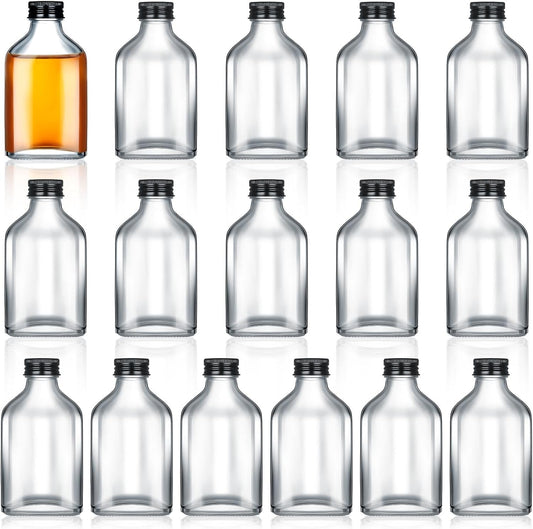 Patelai 16 Pcs Clear Glass Bottles with Caps Mini Glass Flask Liquor Bottles Empty Alcohol Shot Bottling Small Champagne Container DIY Gift for Wine Beverages Liquor Drinks Oil Beer (50 ml/ 1.7oz)