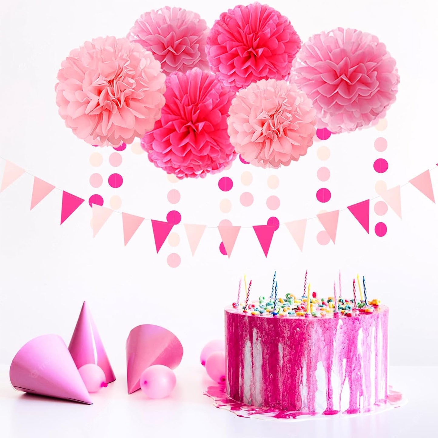 Rose Hot Pink Party Decorations - 23pcs Girl Birthday Baby Shower Tissue Pom Poms Streamers, Bachelorette Bridal Wedding Engagement Supplies Tassel Garland Banner, Favors Decor Ouruola