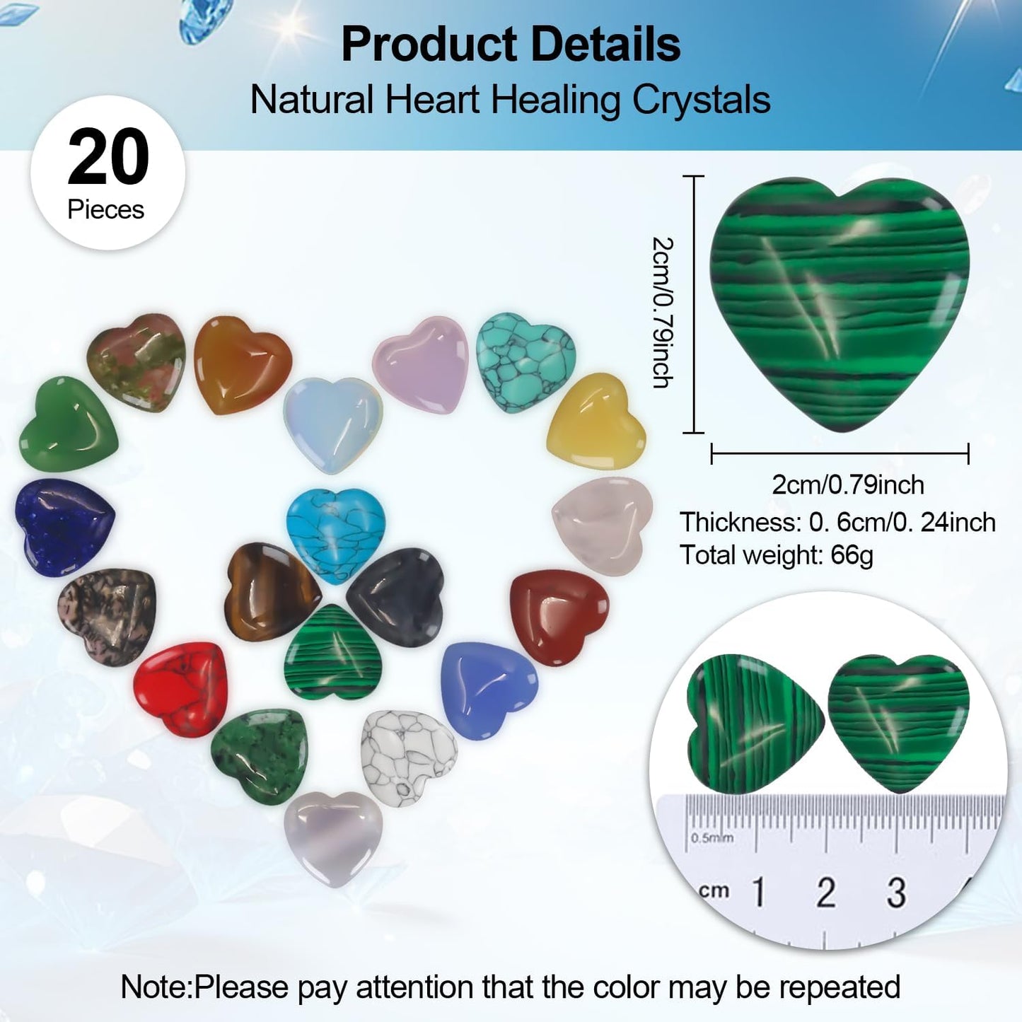 Rose Quartz Crystals,Virekm 20PCS Heart Healing Crystals Amethyst Heart Love Stones Set Palm Thumb Gemstones Chakra Reiki Balancing Gifts for Men Women (Colorful - 20 PCS)