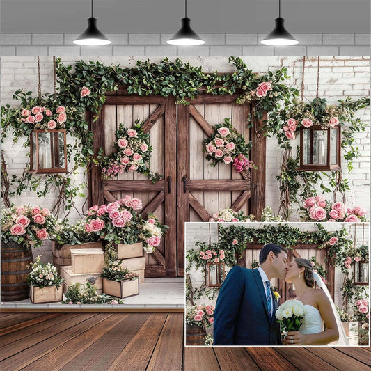 5x4ft Country Wedding Photography Backdrop Floral Rustic Roses Farmhouse Wooden Door Backdrop Pink Flower Birthday Baby Shower Wedding Bridal Party Banner Photo Booth Props Anniversary Background