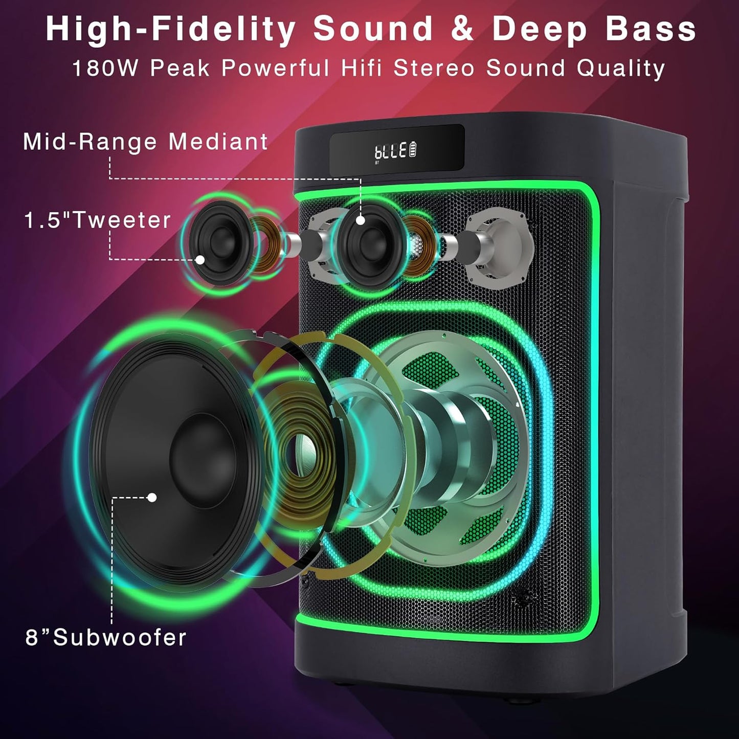 BeatGhost Karaoke Machine Portable Bluetooth Party Speaker 2 Rechargeable Wireless Microphones for Adults Kids 8" Subwoofer 225W Peak Powerful Loud Bass, LED Lights, TF USB AUX TWS