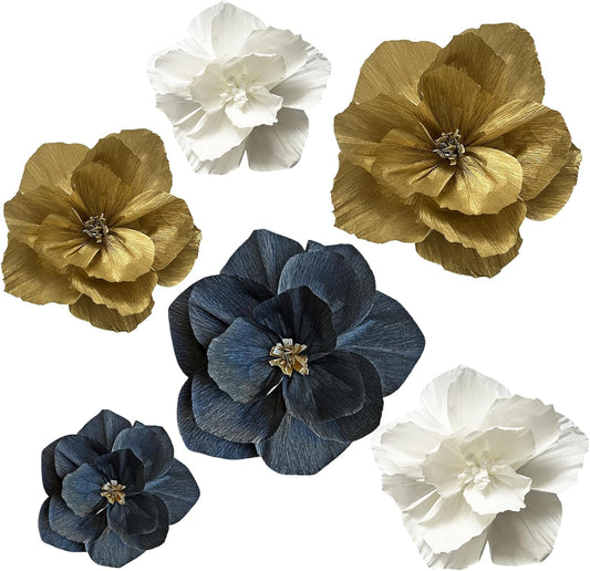 BRT Bearingshui Crepe Paper Flowers Decoration for Wall Total 9 Pcs, Artificial Flowers Backdrop for Wedding Decor Baby Bridal Shower Birthday Party, Gold White Black 3D Wall Flowers Decor