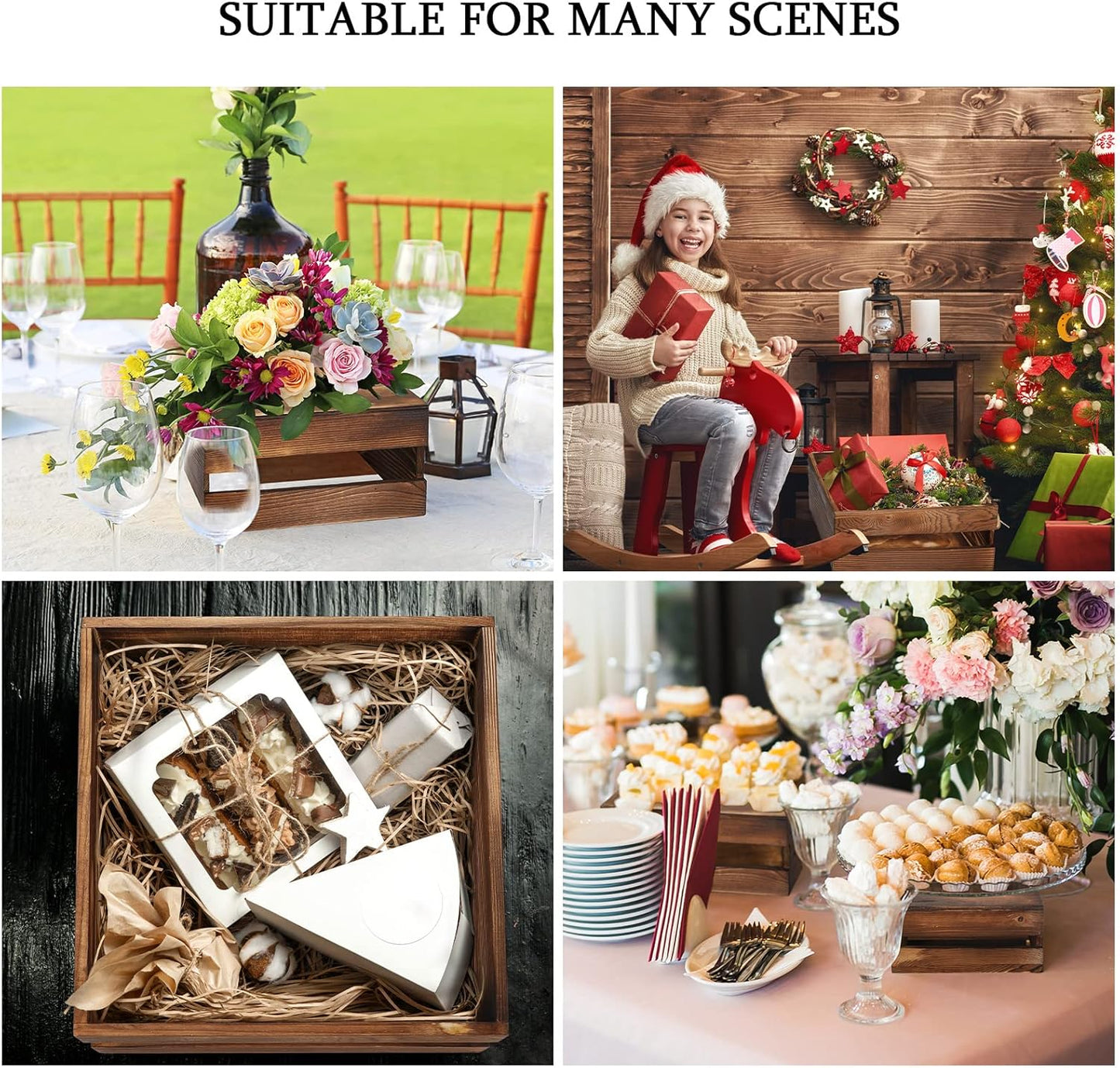 Sieral 4 Pieces Wood Cupcake Display Stand Decorative Dessert Appetizer Cake Stand Risers Wooden Crate Rustic Cake Risers for Storage for Party Christmas Halloween Wedding Decor(Burnt Wood)