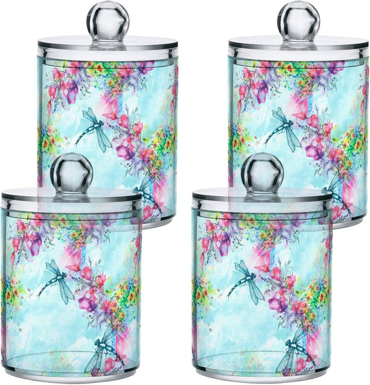 Gredecor Qtip Holder Dispenser 4 Pack Watercolor Flowers Dragonfly Apothecary Jars with Lids Bathroom Vanity Countertop Canister Storage Organizer for Cotton Ball,Swabs,Pads,Floss
