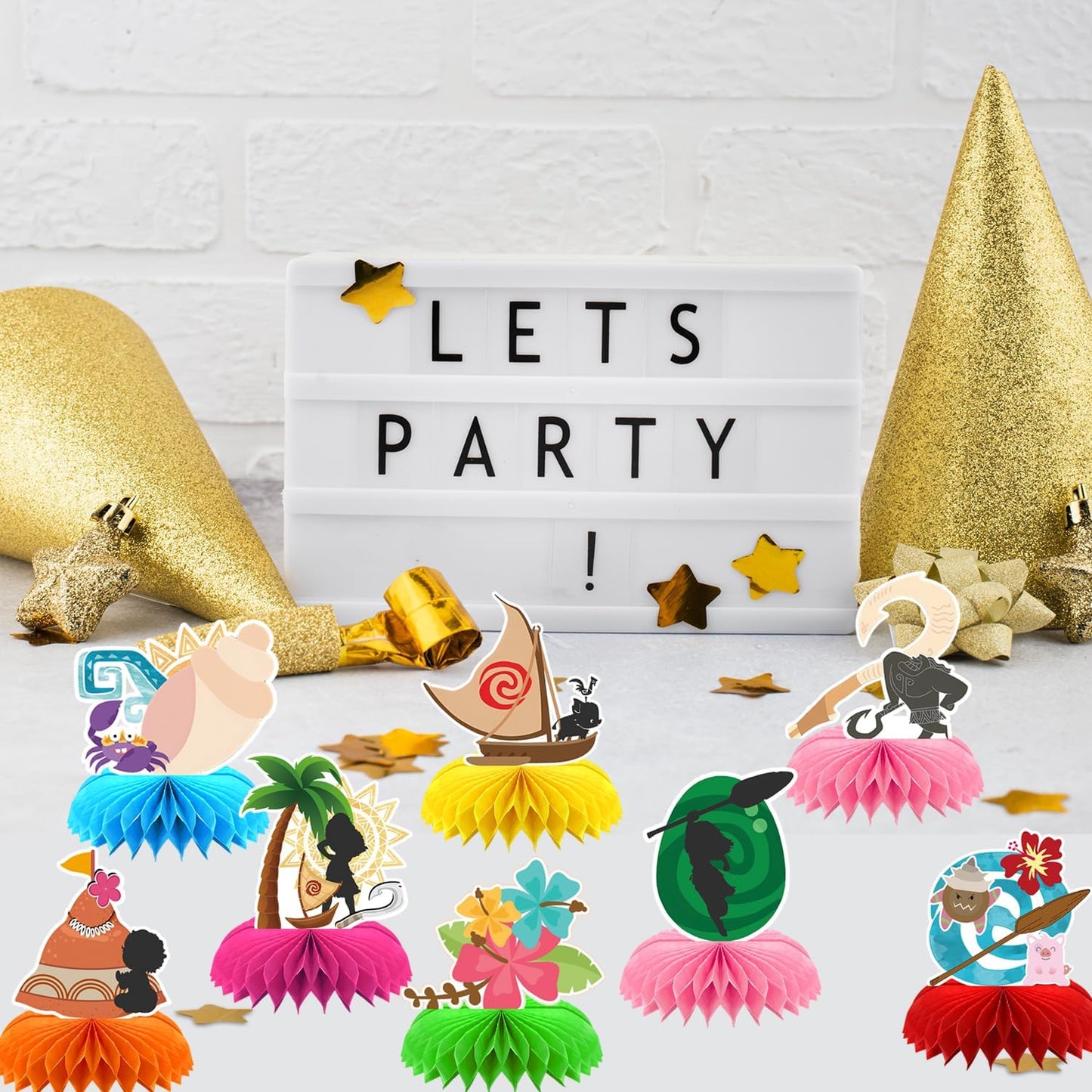 8Pcs Tropical Hawaiian Birthday Party Supplies, Tropical Luau Summer Honeycomb Centerpieces Cartoon Movie Theme 3D Table Decorations