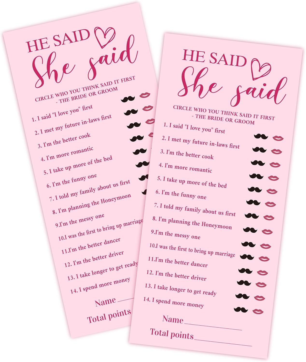 4x9 Inch Bridal Shower Party Games, He Said She Said, Pink Wedding Shower Games Cards for 25 Guests, Engagement Party Supplies Activity and Decoration-A04