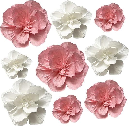 BRT Bearingshui Crepe Paper Flowers Decoration for Wall Total 9 Pcs, Artificial Flowers Backdrop for Wedding Decor Baby Bridal Shower Birthday Party, Pink and White 3D Wall Flowers Decor