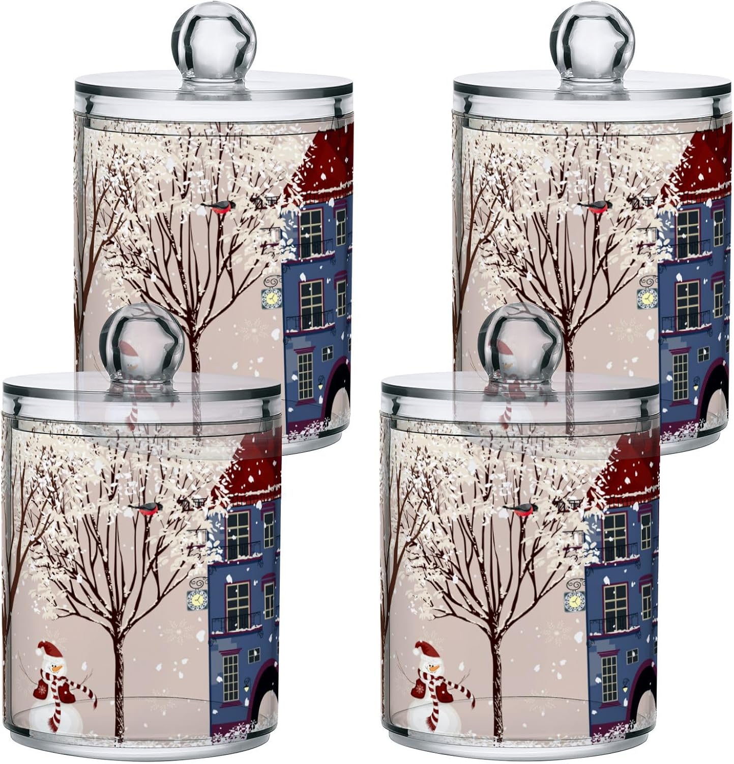 Gredecor Christmas Winter Qtip Holder Dispenser 2 Pack Snowmen Snow Courtyard with Trees Bathroom Decorative Storage Canister Holder Counter Vanity Organizer for Cotton Ball Swabs Pads Floss