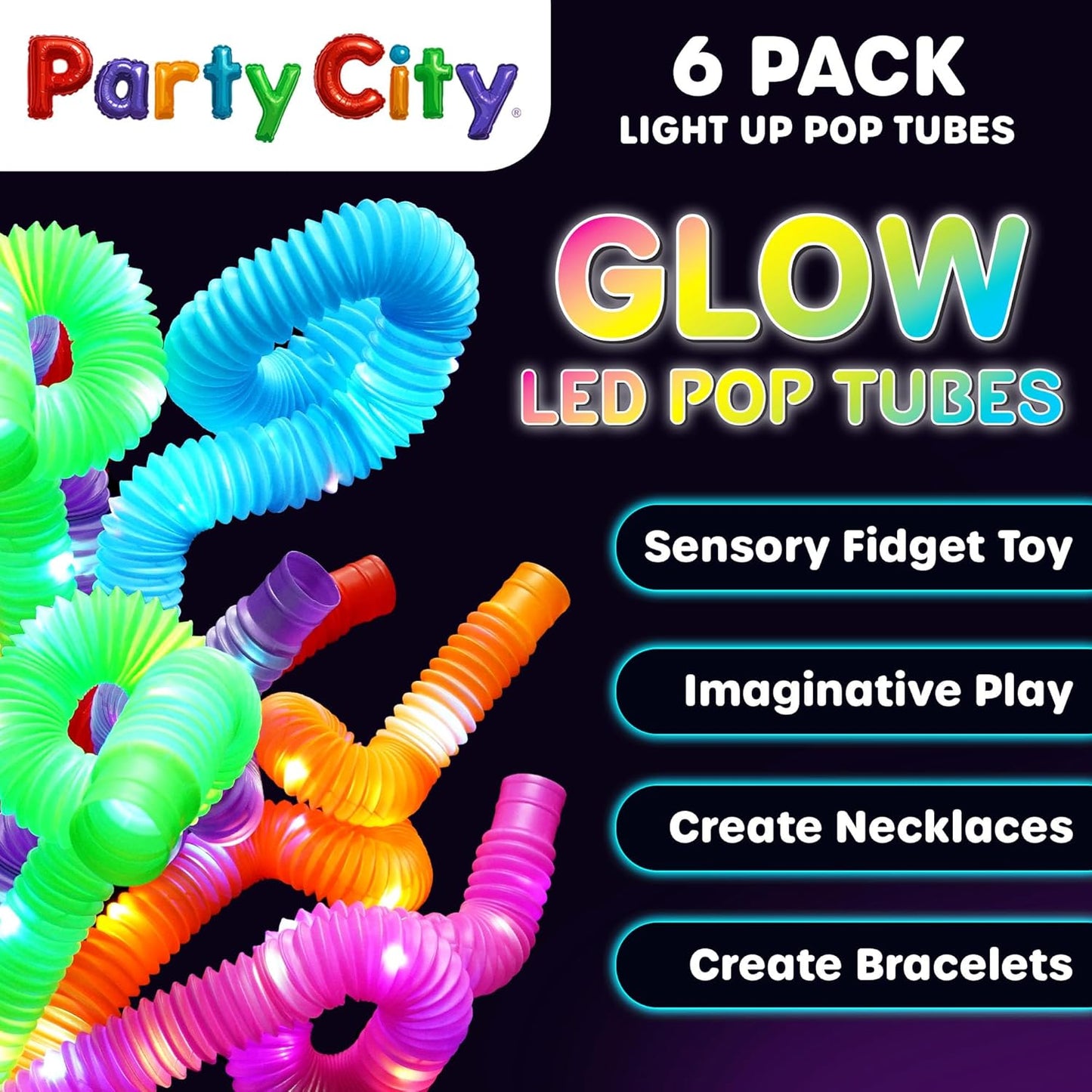 Party City 6pk LED Light Up Pop Tubes 25”- 3 Mode Stretchy Tubes LED Light Up Toys Bulk Glow Sticks Party Favors for Kids Necklaces Bracelets Neon Glow in the Dark Supplies Fidget Sensory Tube Pack