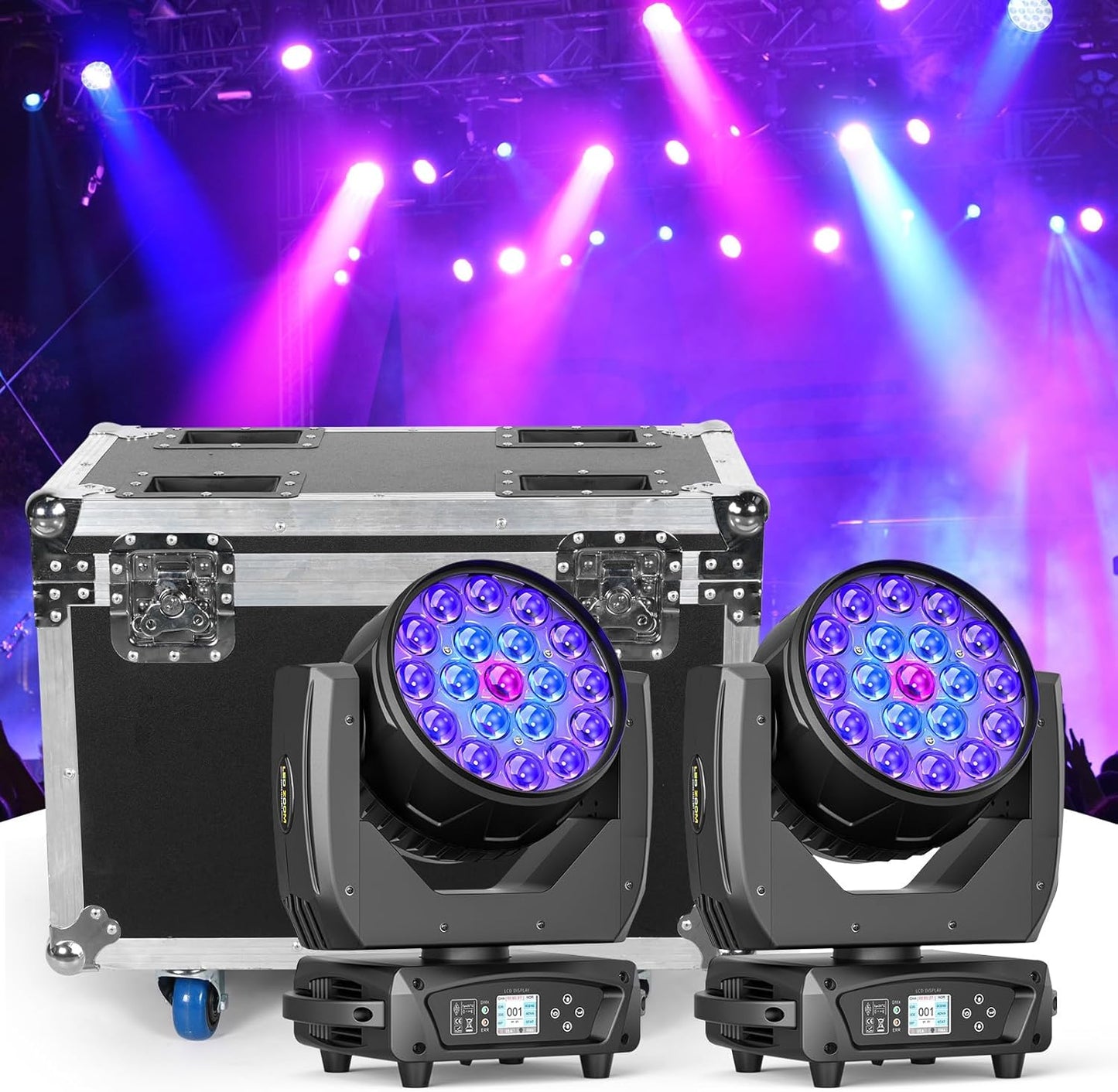2PCS 19x10W Moving Head Light with Flight Case Focusing/Beam/Wash/Zoom Effect Stage DJ Lights 4-in-1 LED DMX512 & Sound Activated Control for DJ Disco Nightclub KTV Bar Theater Shopping Mall