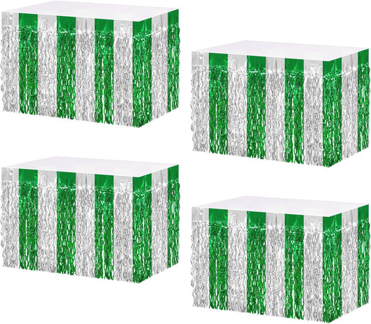 4P Wavy Metallic Tinsel Foil Fringe Table Skirts for Rectangle Tables Backdrop Garland Curtains for Parade Floats Wedding Birthday Parties Decoration Graduation 2025 Christmas (Silver Green)