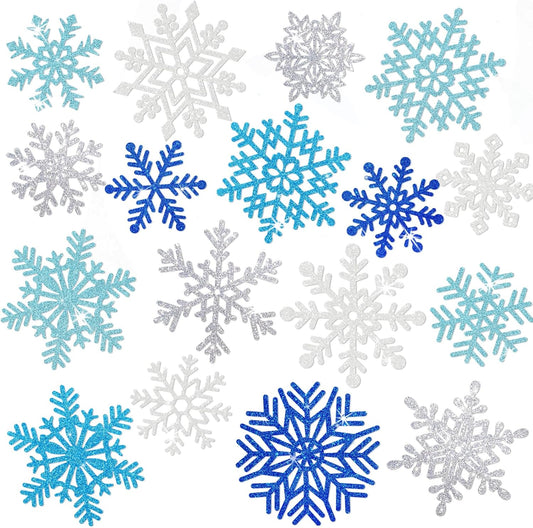 Winter Snowflake Cutouts - Glitter Paper Snowflake Decorations - 100Pcs Blue & Silver Double-Side Christmas Cutouts for Holiday Winter Wonderland Bulletin Board, Frozen Party Decor