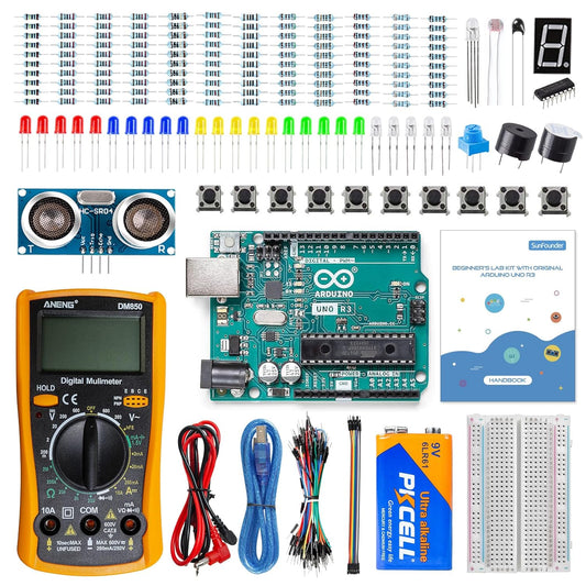 SunFounder Beginner's Lab Starter Kit with Original Arduino Uno R3 REV3 Board Multimeter Basic to Advance 25 Projects HCSR-04 Sensor Button Temp LED Microcontroller Programming