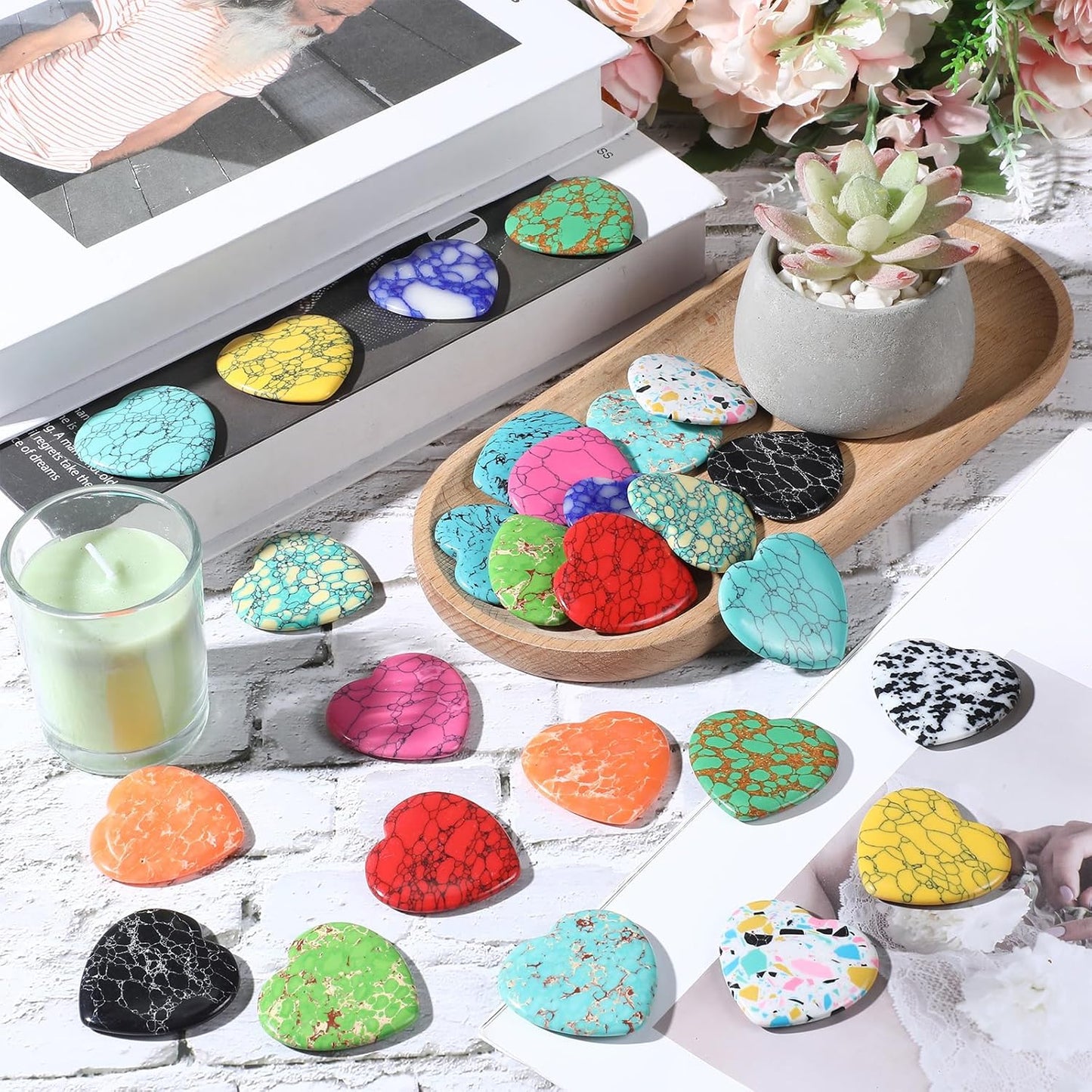 Nuenen 30 Pcs Heart Shape Crystals Bulk 1. 57 Inch Gemstone Heart Stones Worry Stone Rocks Quartz Love Pocket Palm Hearts Bulk for Mother's Day Stress Relief Gift (Fresh Color)