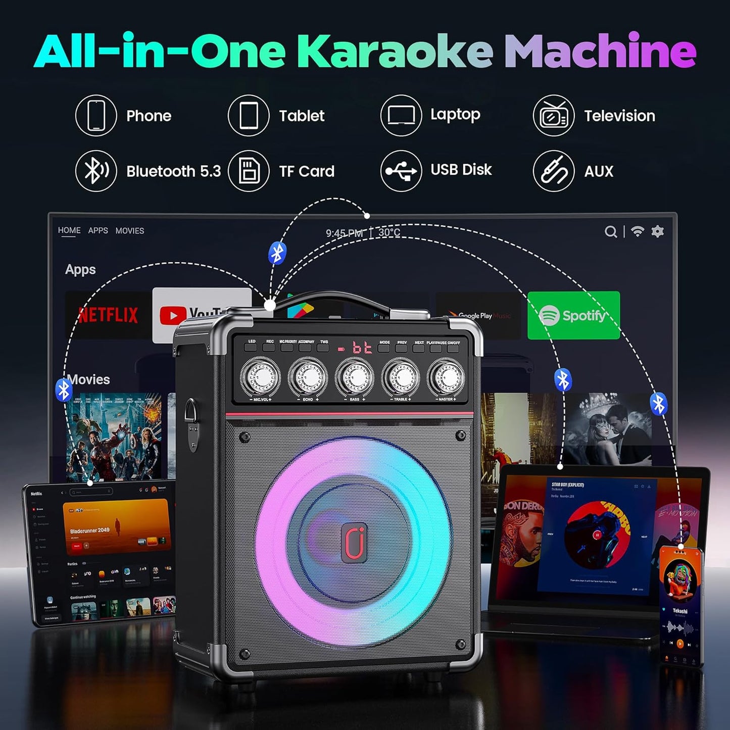 Karaoke Machine with 2 Wireless Mics for Adults Kids | Bluetooth 5.3 Speaker with Bass/Treble/Echo Adjustment | PA System with Disco Lights & Remote Control, Supports TV/TF Card/USB/AUX/Live